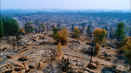 This aerial photograph showcases a burned forest area devastated by wildfire, featuring blackened trees and scorched earth, emphasizing the urgent need for climate action.の素材