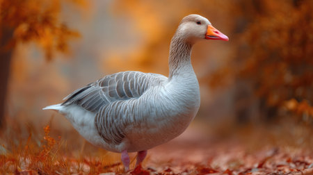 A stunning gray goose captures attention in a vibrant autumn landscape, showcasing its elegant features amid colorful fallen leaves and tranquil surroundings.の素材
