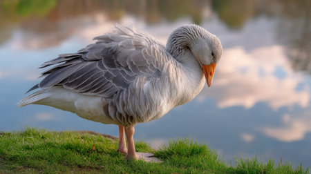 A solitary goose stands by the water's edge, surrounded by lush grass and reflections in the lake. The soft light creates a tranquil atmosphere perfect for nature lovers.の素材