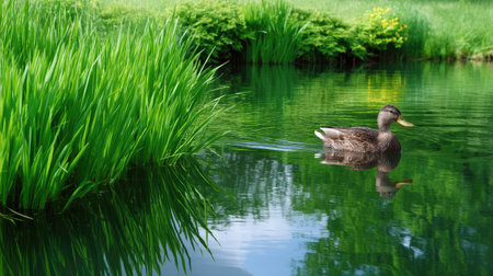 A serene image depicting a duck gracefully swimming across a calm pond, surrounded by vibrant green grass. The reflection creates a picturesque and tranquil natural scene.の素材