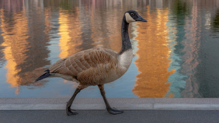 A stunning Canadian goose strolls gracefully along the water's edge, reflecting vibrant city lights, showcasing a serene moment in an urban setting at dusk.の素材