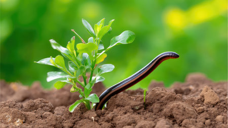 A slender snake emerges from the rich soil next to a young green plant, illustrating the intricate relationship between wildlife and flora in a thriving ecosystem.の素材