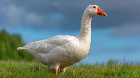 A stunning white goose stands proudly on lush green grass, framed by a serene landscape with a bright blue sky and fluffy clouds, showcasing tranquility in nature.の素材