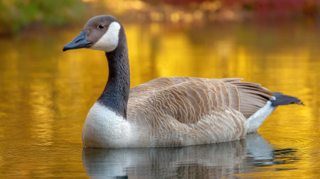 A stunning close-up of a Canadian goose gliding through a calm lake, surrounded by colorful autumn foliage and illuminated by warm golden light, capturing tranquility in nature.の素材