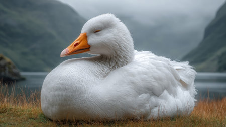 A beautiful white goose resting peacefully on green grass beside a serene lake, framed by majestic mountains and a soft cloudy sky, creating a tranquil atmosphere.の素材