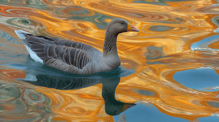 A serene image of a goose gliding through calm waters, reflecting vibrant colors and textures of its surroundings, showcasing the beauty of wildlife in nature.の素材