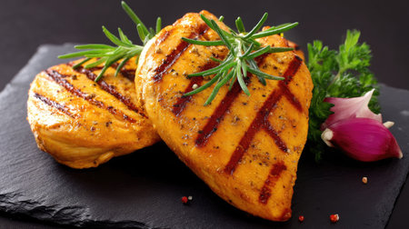 Succulent grilled chicken breasts seasoned with herbs, elegantly displayed on a slate plate against a dark background, ideal for culinary and gourmet food imagery.の素材