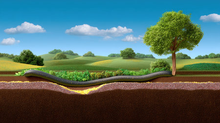 A creative and colorful illustration depicting an underground ecosystem featuring a giant earthworm, with a vibrant rural landscape and a tree above.の素材
