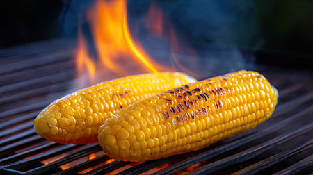 This vibrant image captures grilled corn on the cob sizzling over an open flame, showcasing the perfect summer cooking experience ideal for outdoor gatherings.の素材