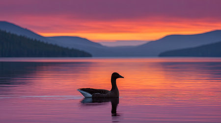 A solitary duck glides peacefully across a tranquil lake at sunset, surrounded by misty mountains. A stunning display of colors paints the sky and water.の素材