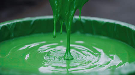 A close-up view of vibrant green paint dripping from a stirring tool into a container, creating interesting ripples and textures on the surface, ideal for artistic inspiration.の素材