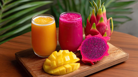 This vibrant image features refreshing tropical smoothies made with mango and dragon fruit, beautifully presented on a wooden board, surrounded by lush green leaves.の素材