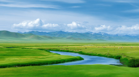 This stunning image captures a vibrant green landscape with a gentle river winding through rolling hills beneath a bright blue sky adorned with fluffy clouds.の素材