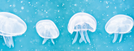 Group of white jellyfish floating in the sea. Underwater world.の写真素材