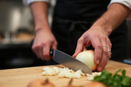 Chef cutting onion with knife on wooden board in kitchen, closeupの素材