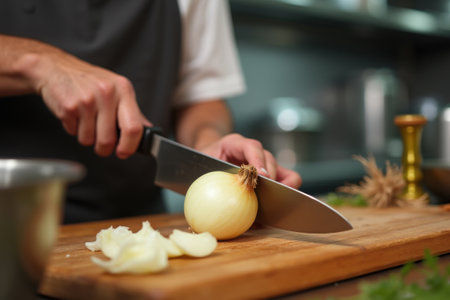 Chef cutting onion on a wooden board in a restaurant kitchen.の素材