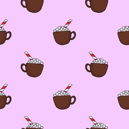 Seamless pattern with hand drawn cup of cocoa and marshmallows. Doodle style vector textures on colored background. For wallpaper, packaging, posters, cards or other design.のイラスト素材