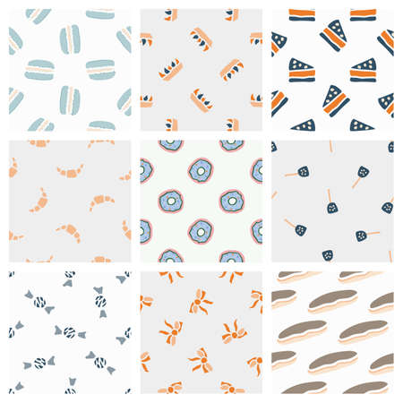 Hand drawn seamless pattern collection. Vector sweets textures isolated on colored background. For wallpaper, packaging, posters, cards or other design.のイラスト素材