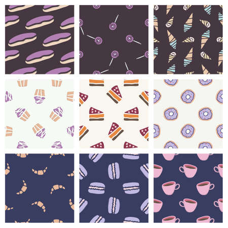 Hand drawn seamless pattern collection. Vector sweets textures isolated on colored background. For wallpaper, packaging, posters, cards or other design.のイラスト素材