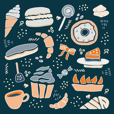 Hand drawn creative sweets design set. Doodle style vector illustration for graphic and web designのイラスト素材