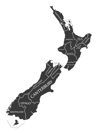 New Zealand Map labelled black illustrationのイラスト素材