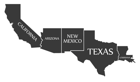 California - Arizona - New Mexico - Texas - Louisiana Map labelled black illustrationのイラスト素材
