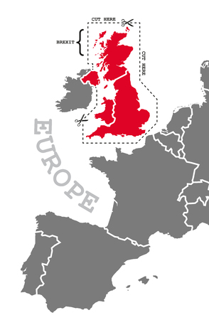 Brexit illustration map in grey red with cut out line around highlighted britainの写真素材