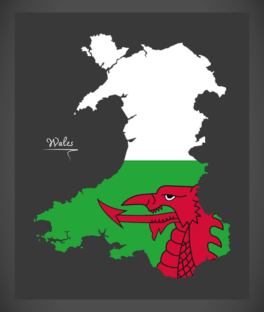 Wales map with Welsh national flag illustrationのイラスト素材
