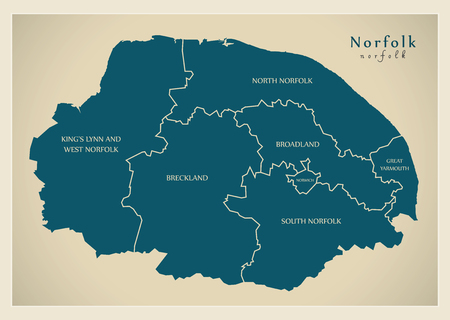 Modern Map - Norfolk county with detailed captions UK illustrationのイラスト素材