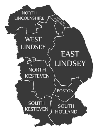 Lincolnshire county England UK black map with white labels illustrationのイラスト素材