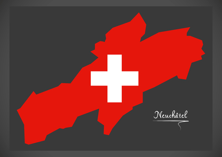 Neuchatel map of Switzerland with Swiss national flag illustration.のイラスト素材