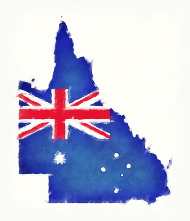 Queensland watercolor map with Australian national flag in front of a white backgroundの写真素材