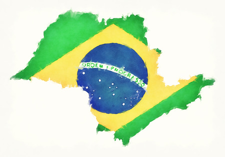 Sao Paulo watercolor map with Brazilian national flag in front of a white backgroundの写真素材