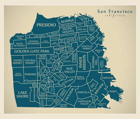 Modern City Map - San Francisco city of the USA with neighbourhoods and titlesのイラスト素材
