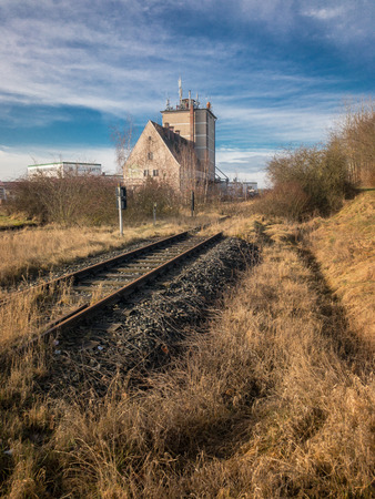 Overgrown railroad track in autumnの写真素材
