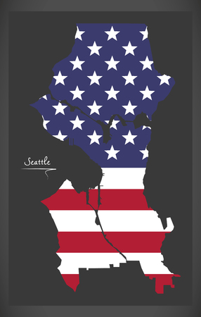 Seattle Washington map with American national flag illustrationのイラスト素材