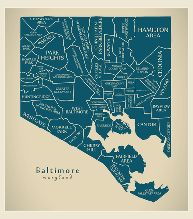 Modern City Map - Baltimore Maryland city of the USA with neighborhoods and titlesのイラスト素材