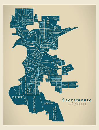Modern City Map - Sacramento California city of the USA with neighborhoods and titlesのイラスト素材