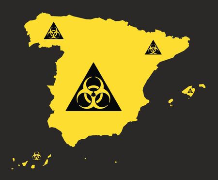 Spain map with biohazard virus sign illustration in black and yellowのイラスト素材