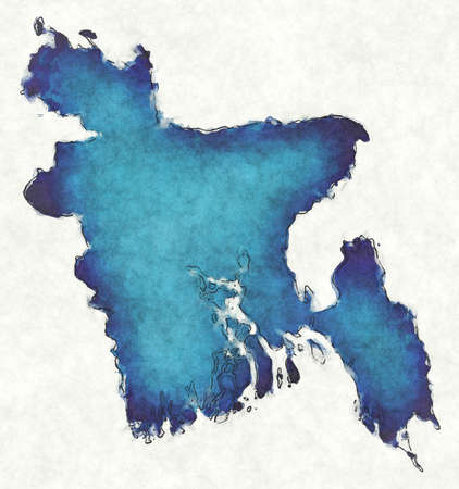 Bangladesh map with drawn lines and blue watercolor illustrationの写真素材