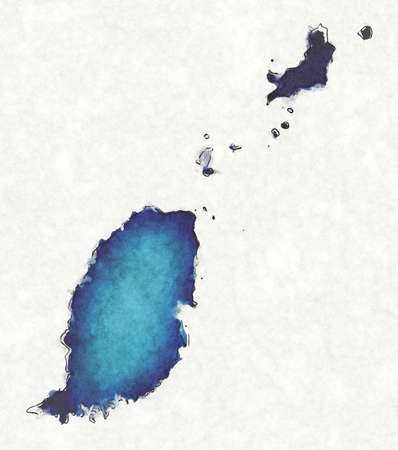 Grenada map with drawn lines and blue watercolor illustrationの写真素材