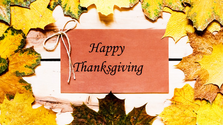 Thanksgiving day.  Decoration for holiday celebration with autumn leavesの写真素材