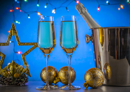 Glasses with champagne. New year celebration. Happy new yearの写真素材