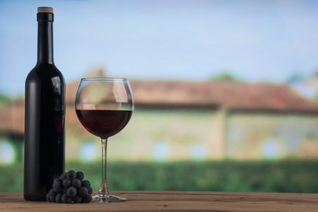 Red wine glass and red wine bottle on the winery backgroung.の写真素材