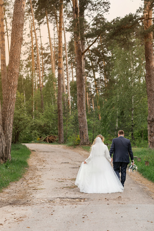 Wedding day. Newlyweds in the forest. Just marriedの写真素材
