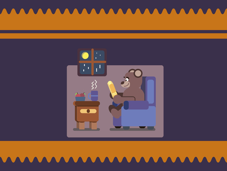 Cartoon brown bear at home reading bookのイラスト素材