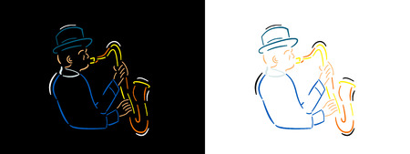 Jazz musician illustration in line art style on black background and white background. Jazzman color vector line art illustration.のイラスト素材