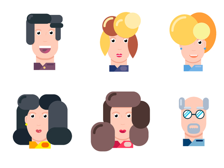 Flat vector characters set. Vector avatars with eyes. Smiling happy people. Happy emotions. Vector portraits.のイラスト素材