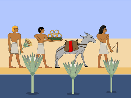 Ancient Egypt caravan travels through the desert. Egyptian traders with donkey travels througth the desert.のイラスト素材