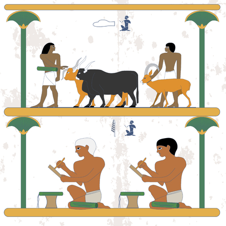 Ancient egypt background. Man lead cows and goat. Scribes at work. Egypt scribes write at papyrus. Historical background. Ancient peopleのイラスト素材